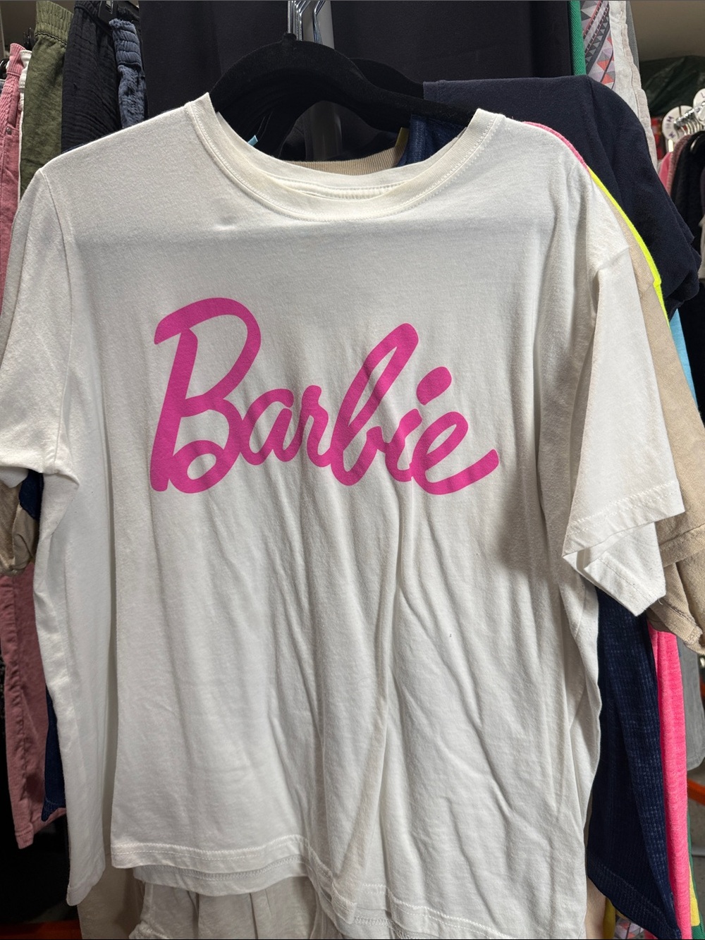 Barbie White Tee with Hot Pink Script Logo